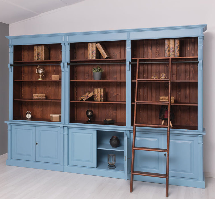 Landhaus Wohnwand aus Massivholz - Bibliotheksschrank - Bücherschrank mit Leiter