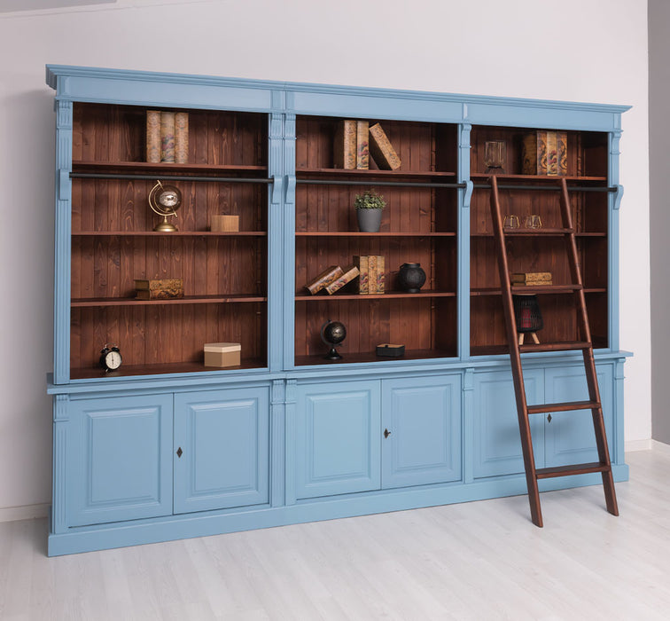 Landhaus Wohnwand aus Massivholz - Bibliotheksschrank - Bücherschrank mit Leiter