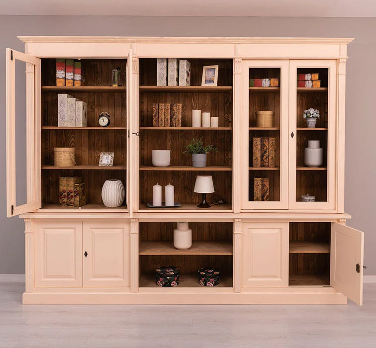 Landhaus Wohnwand aus Massivholz | Vitrinen & Bibliotheksschrank | Bücherschrank mit 8 Türen