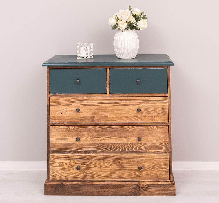 Landhauskommode aus Massivholz - Sideboard mit 5 Schubladen - Pinie geflammt | Petrol