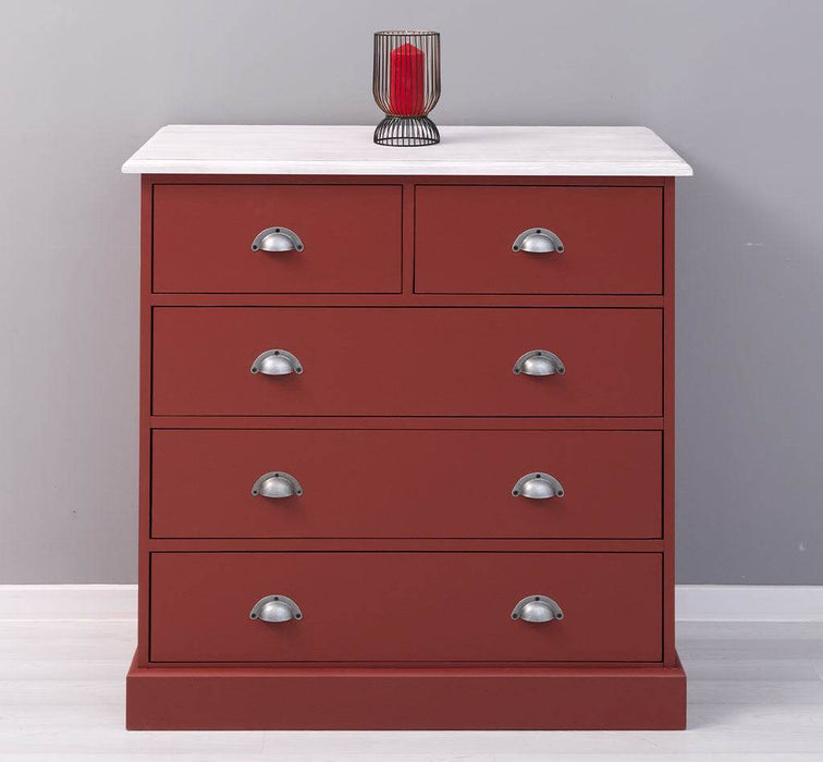 Landhauskommode aus Massivholz - Sideboard mit 5 Schubladen - Pinie gebürstet | Rot