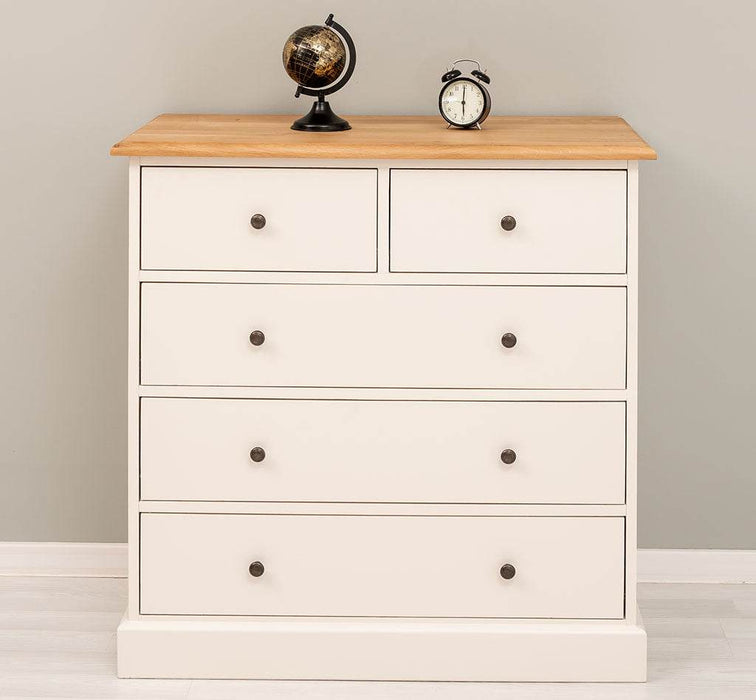 Landhauskommode aus Massivholz - Sideboard mit 5 Schubladen - Eiche | Vintage Creme