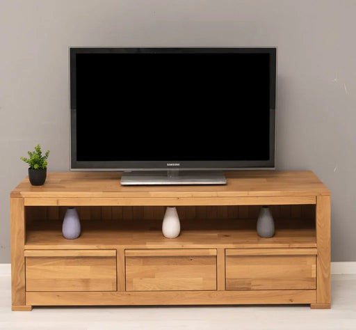 Langes TV-Board aus massiver Eiche mit 3 Schubladen