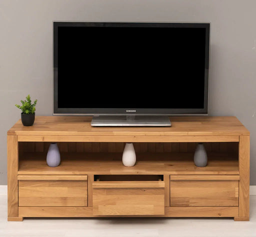Langes TV-Board aus massiver Eiche mit 3 Schubladen