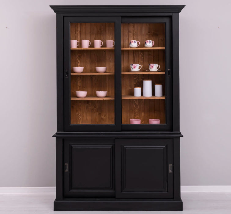 Massivholz- Geschirrschrank mit Schiebetüren und 2 Schubladen | Vitrine