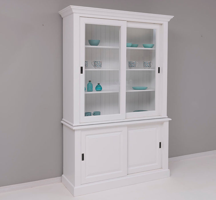 Massivholz- Geschirrschrank mit Schiebetüren und 2 Schubladen | Vitrine