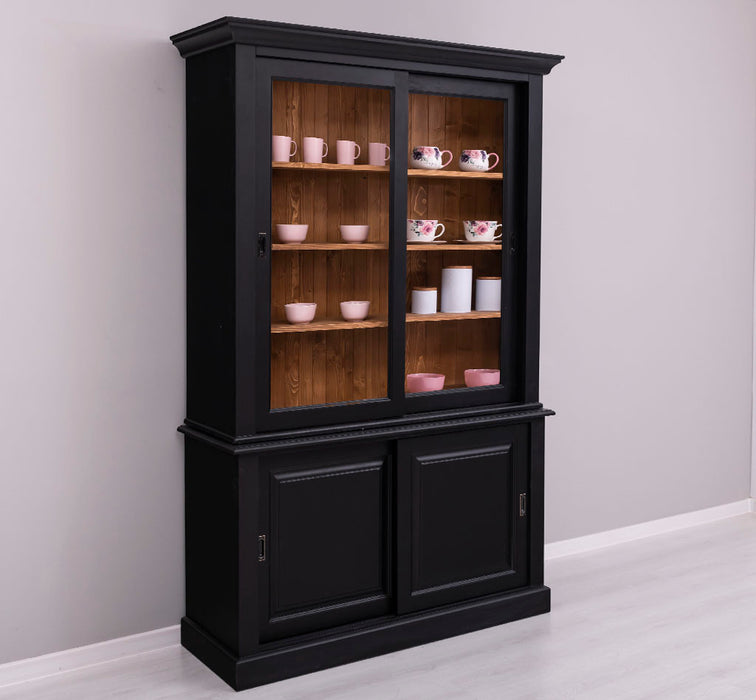 Massivholz- Geschirrschrank mit Schiebetüren und 2 Schubladen | Vitrine