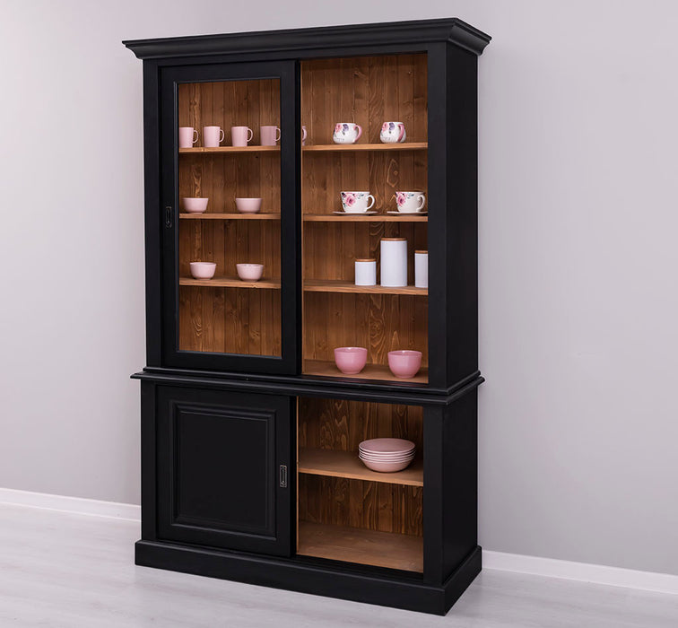 Massivholz- Geschirrschrank mit Schiebetüren und 2 Schubladen | Vitrine