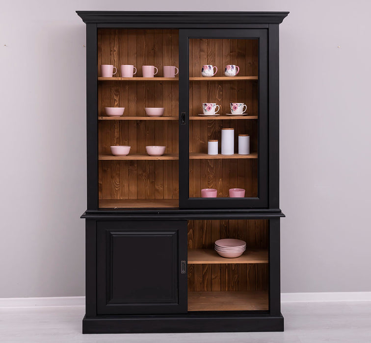 Massivholz- Geschirrschrank mit Schiebetüren und 2 Schubladen | Vitrine