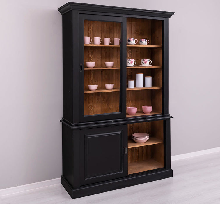 Massivholz- Geschirrschrank mit Schiebetüren und 2 Schubladen | Vitrine
