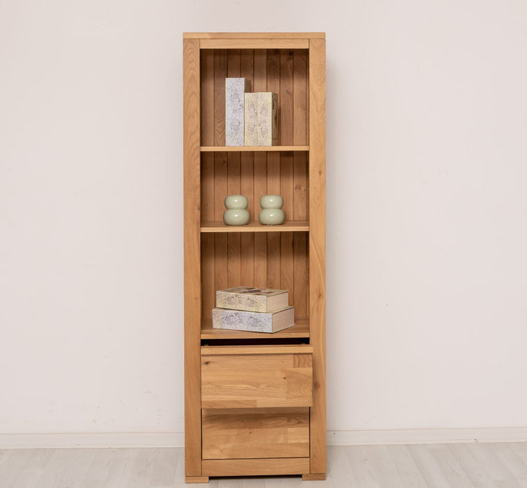 Moderner Bücherschrank aus massiver Wildeiche mit zwei Schubladen