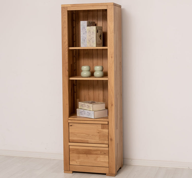 Moderner Bücherschrank aus massiver Wildeiche mit zwei Schubladen