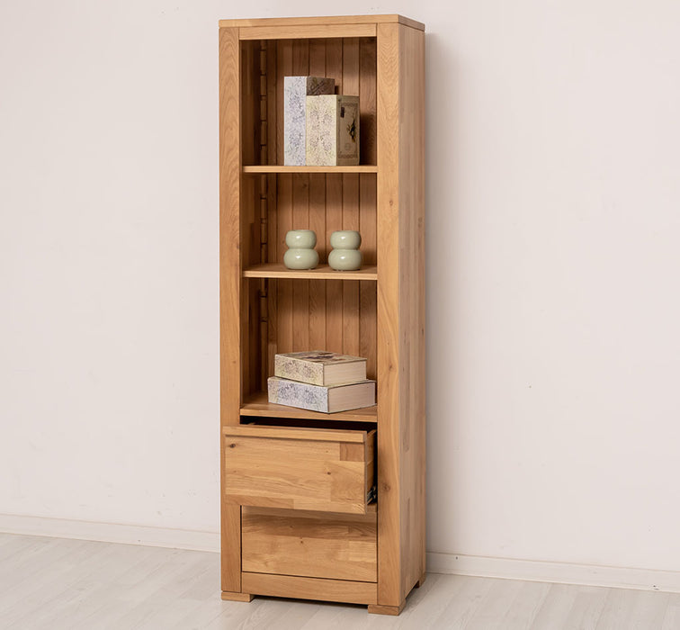 Moderner Bücherschrank aus massiver Wildeiche mit zwei Schubladen