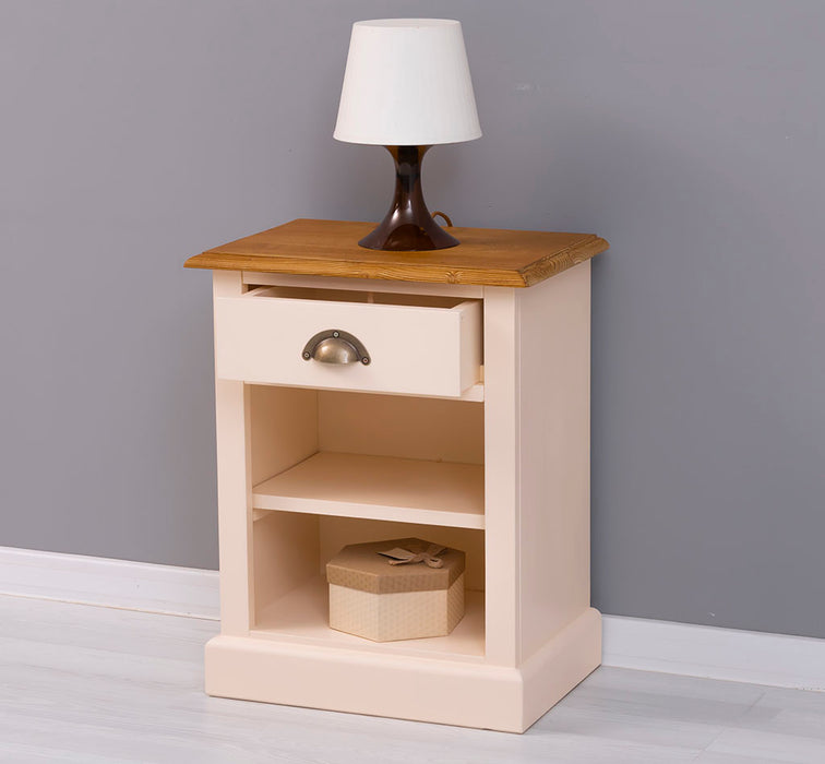 Nachttisch mit Schublade und Regal | Bestelltisch aus Massivholz mit Akzent - Creme - Gelb