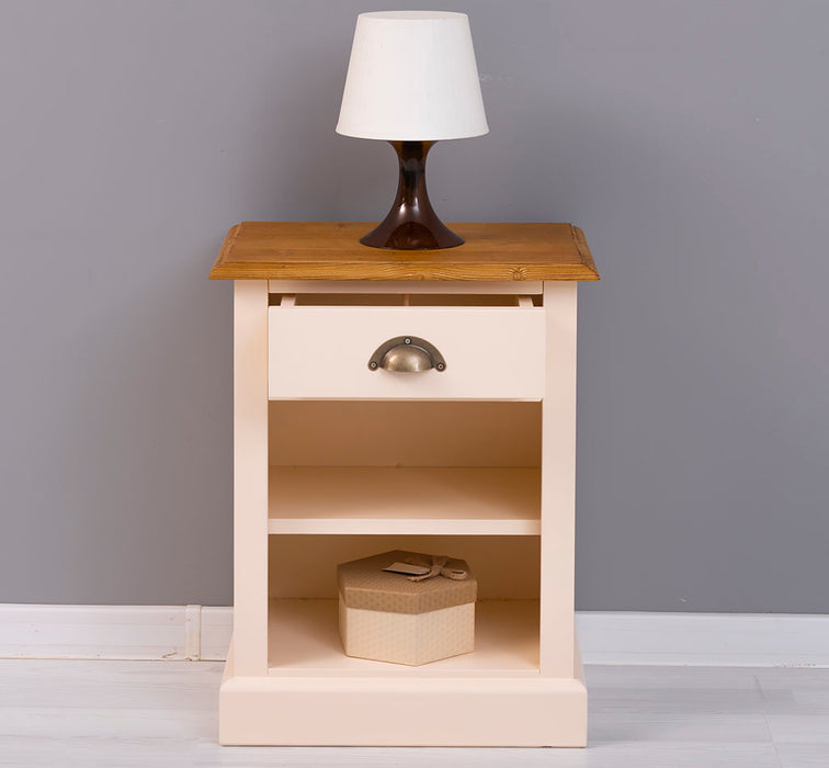 Nachttisch mit Schublade und Regal | Bestelltisch aus Massivholz mit Akzent - Creme - Gelb