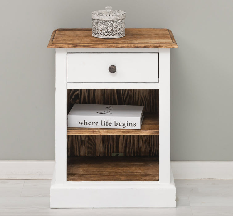 Nachttisch mit Schublade und Regal | Bestelltisch aus Massivholz mit Akzent - Creme - Gelb
