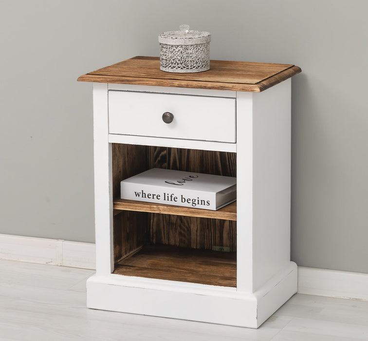 Nachttisch mit Schublade und Regal | Bestelltisch aus Massivholz mit Akzent - Creme - Gelb