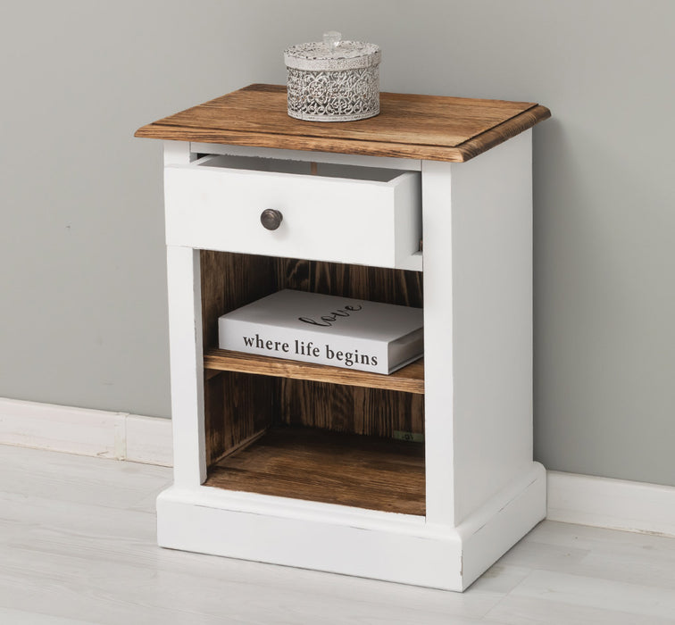 Nachttisch mit Schublade und Regal | Bestelltisch aus Massivholz mit Akzent - Creme - Gelb