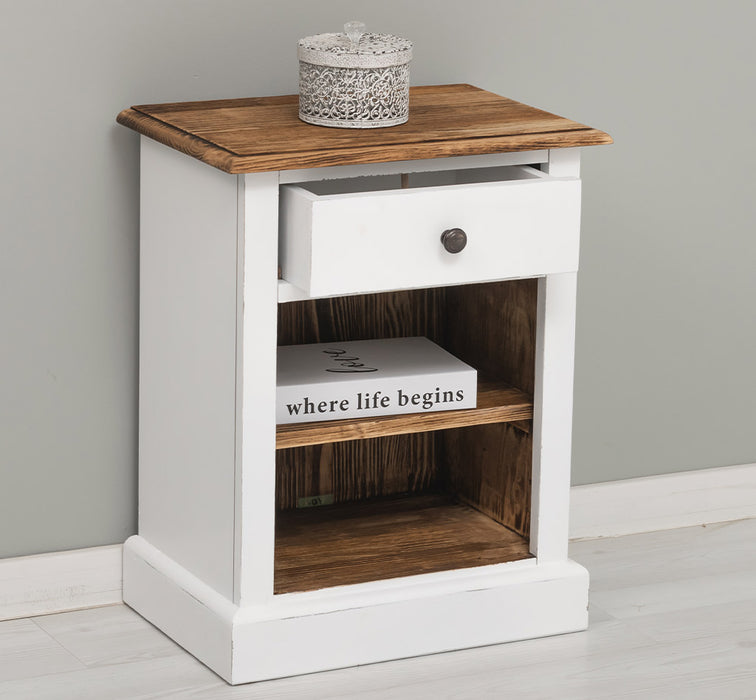 Nachttisch mit Schublade und Regal | Bestelltisch aus Massivholz mit Akzent - Creme - Gelb