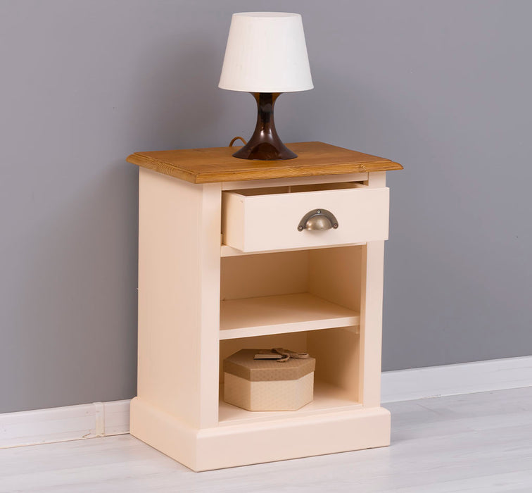 Nachttisch mit Schublade und Regal | Bestelltisch aus Massivholz mit Akzent - Creme - Gelb