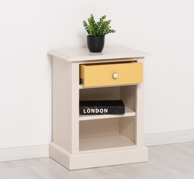 Nachttisch mit Schublade und Regal | Bestelltisch aus Massivholz mit Akzent - Creme - Gelb