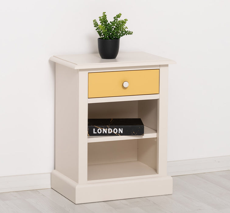 Nachttisch mit Schublade und Regal | Bestelltisch aus Massivholz mit Akzent - Creme - Gelb