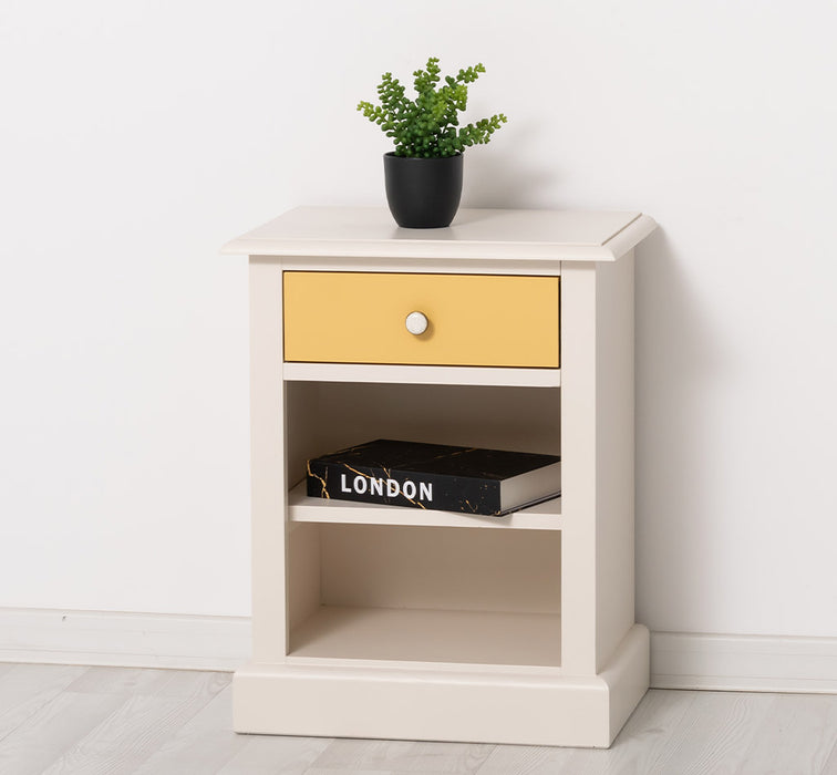 Nachttisch mit Schublade und Regal | Bestelltisch aus Massivholz mit Akzent - Creme - Gelb