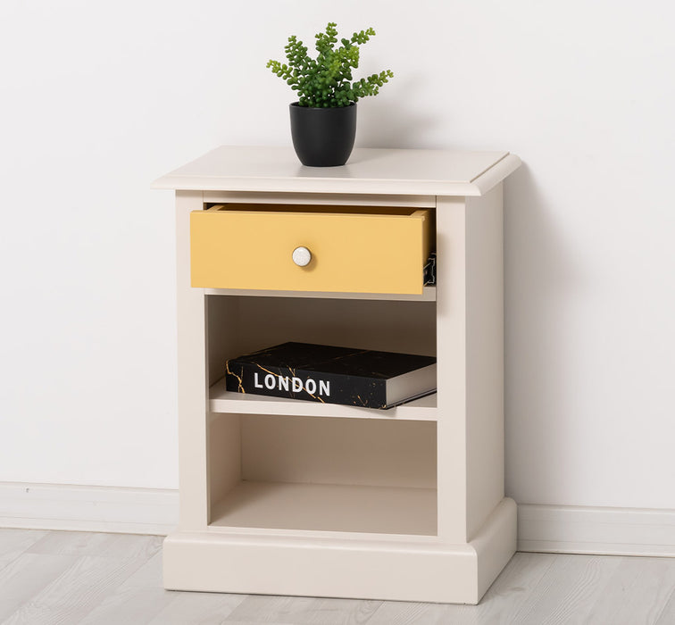 Nachttisch mit Schublade und Regal | Bestelltisch aus Massivholz mit Akzent - Creme - Gelb