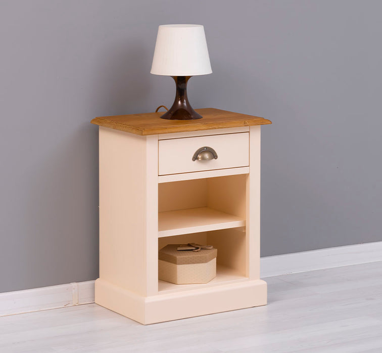 Nachttisch mit Schublade und Regal | Bestelltisch aus Massivholz mit Akzent - Creme - Gelb