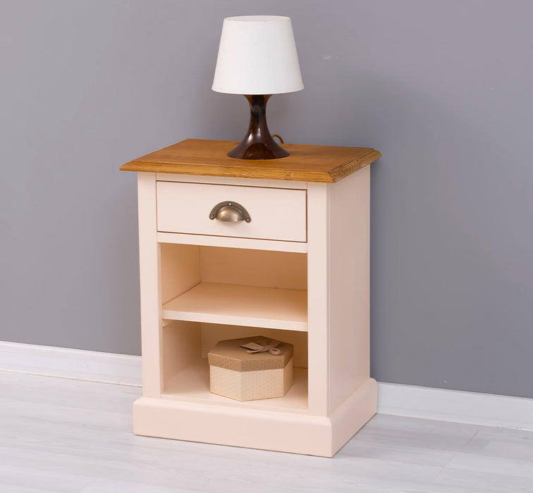 Nachttisch mit Schublade und Regal | Bestelltisch aus Massivholz mit Akzent - Creme - Gelb