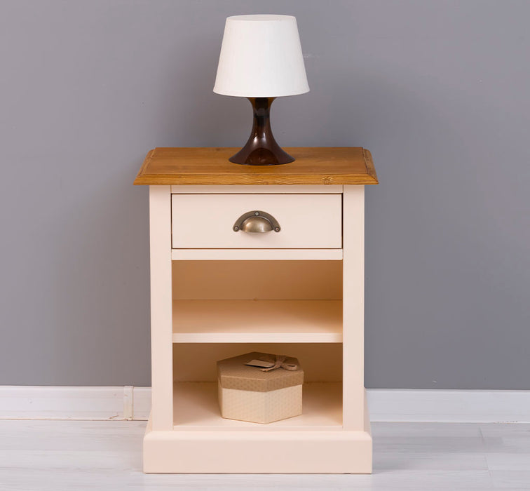 Nachttisch mit Schublade und Regal | Bestelltisch aus Massivholz mit Akzent - Creme - Gelb