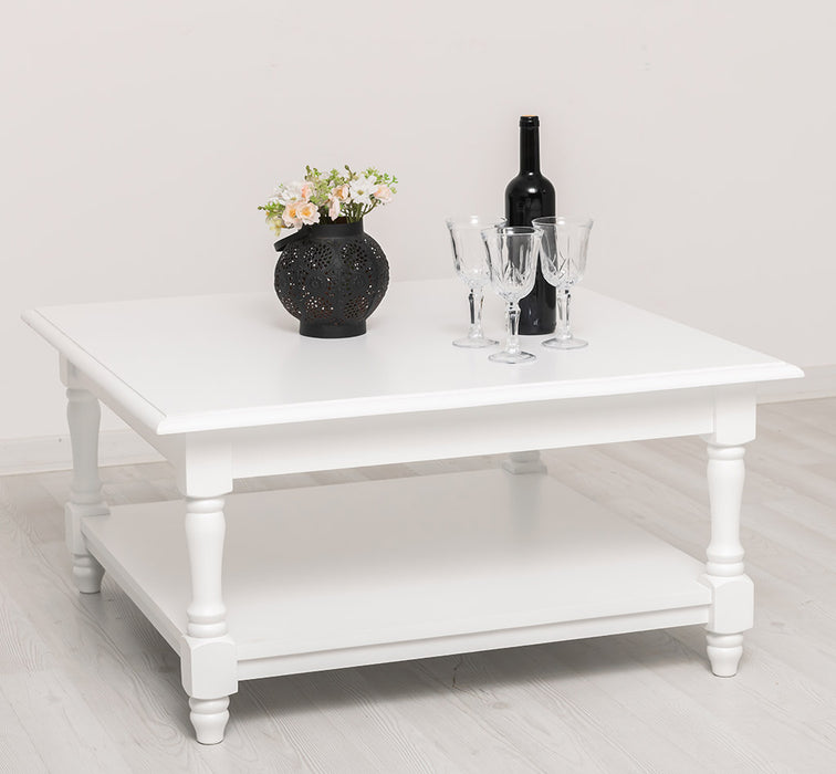 Quadratischer Couchtisch aus Massivholz mit gedrechselten Beinen