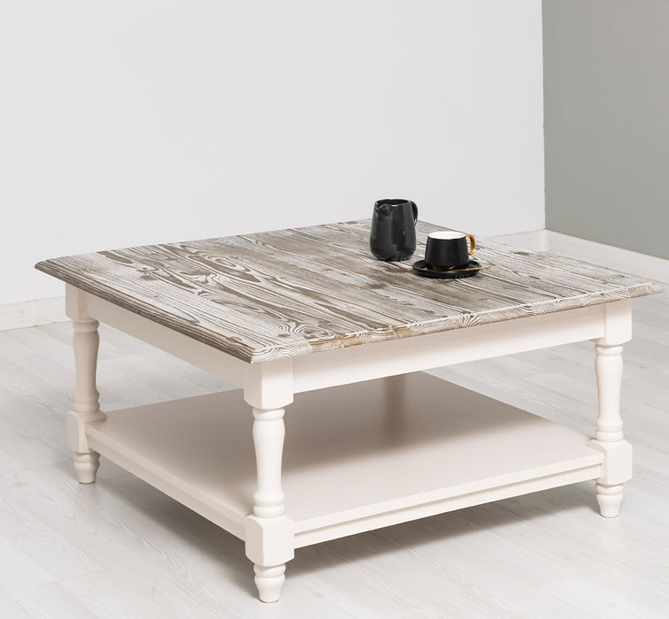 Quadratischer Couchtisch aus Massivholz mit gedrechselten Beinen