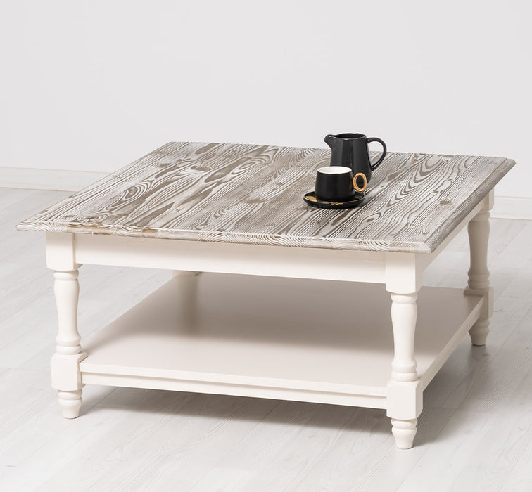 Quadratischer Couchtisch aus Massivholz mit gedrechselten Beinen