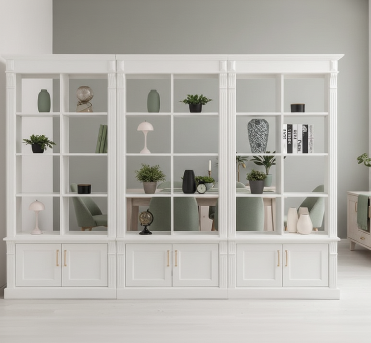 Raumteiler aus Massivholz mit 12 Türen - Bücherregal mit Durchreiche III