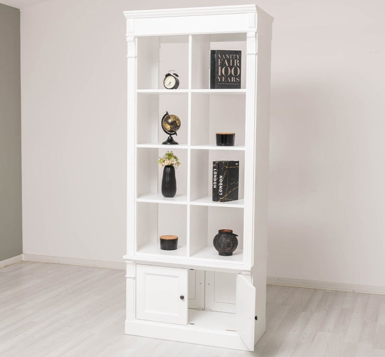 Raumteiler aus Massivholz mit vier Türen - Bücherregal mit Durchreiche