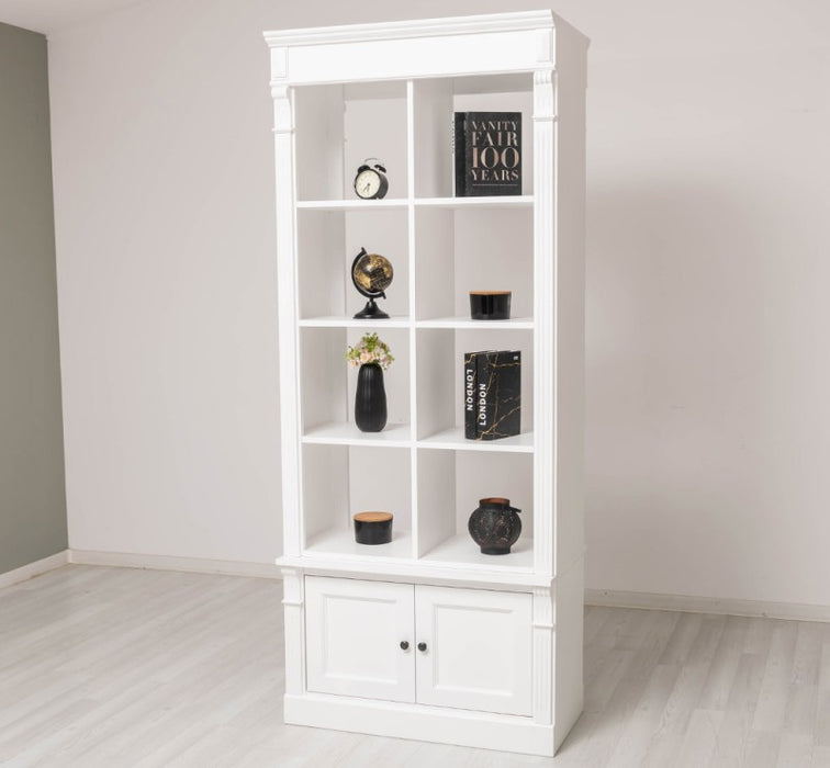 Raumteiler aus Massivholz mit vier Türen - Bücherregal mit Durchreiche