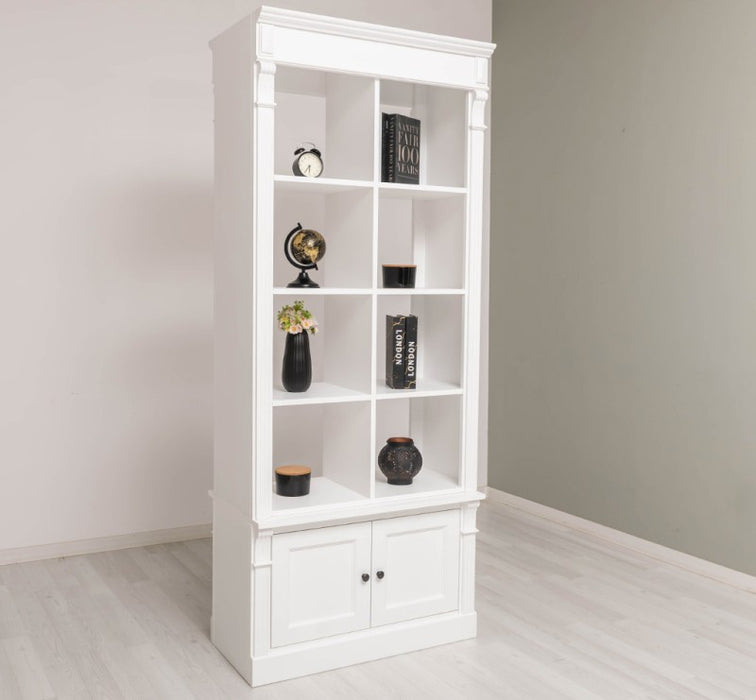 Raumteiler aus Massivholz mit vier Türen - Bücherregal mit Durchreiche