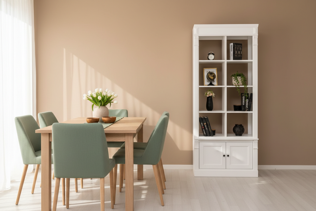 Raumteiler aus Massivholz mit vier Türen - Bücherregal mit Durchreiche