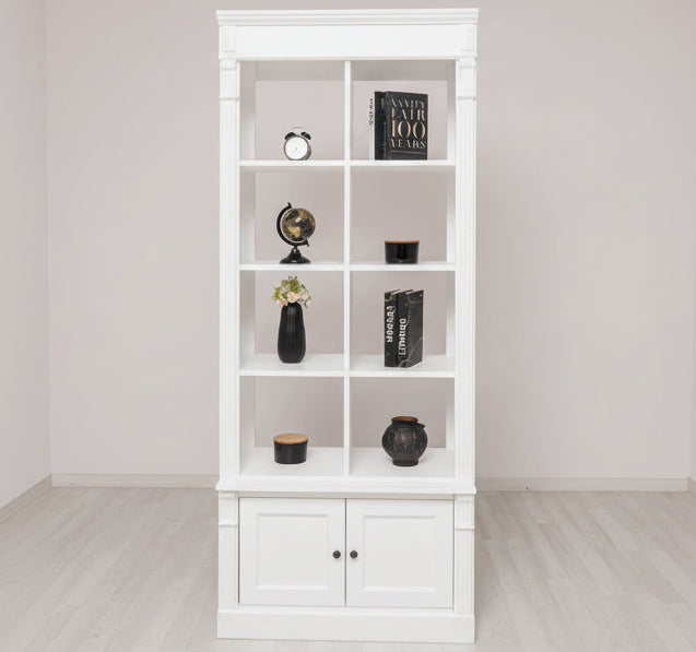 Raumteiler aus Massivholz mit vier Türen - Bücherregal mit Durchreiche