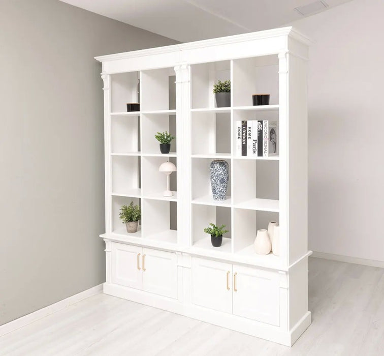 Raumteiler aus Massivholz mit acht Türen - Bücherregal mit Durchreiche II