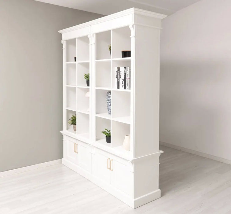 Raumteiler aus Massivholz mit acht Türen - Bücherregal mit Durchreiche II