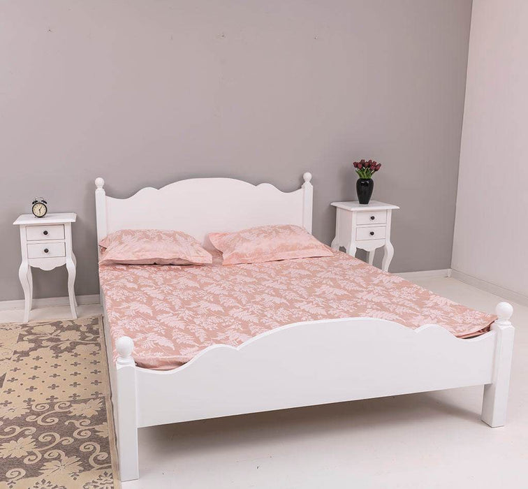 Schlafzimmer Set - Bett aus Massivholz mit geschwungenem Kopf- und Fußteil und zwei Nachttischen - Weiß / 90 x 200