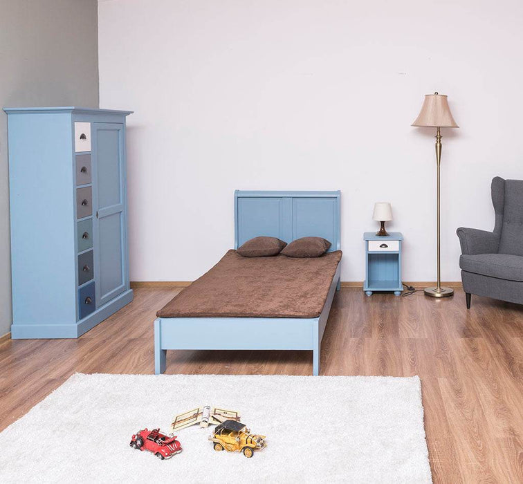 Schlafzimmer-Set aus Massivholz | Kinderzimmer mit Bett, Nachttisch und Kleiderschrank - Blau / 90 x 200