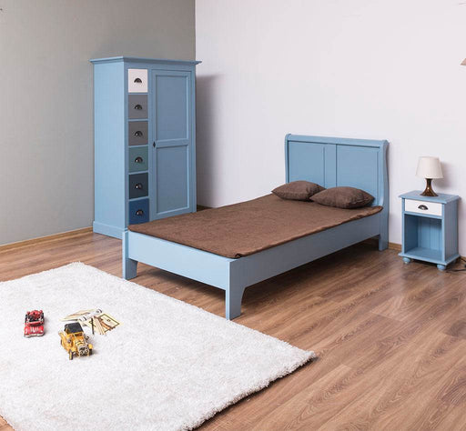 Schlafzimmer-Set aus Massivholz | Kinderzimmer mit Bett, Nachttisch und Kleiderschrank - Blau / 90 x 200