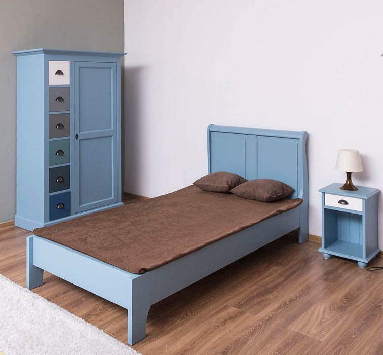 Schlafzimmer-Set aus Massivholz | Kinderzimmer mit Bett, Nachttisch und Kleiderschrank - Blau / 90 x 200