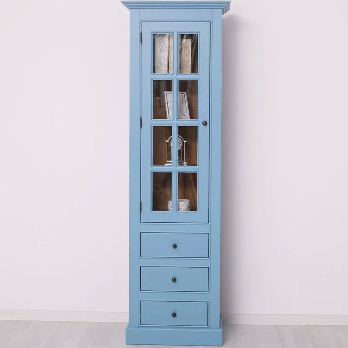 Schlanke Vitrine aus Massivholz mit 3 Schubladen