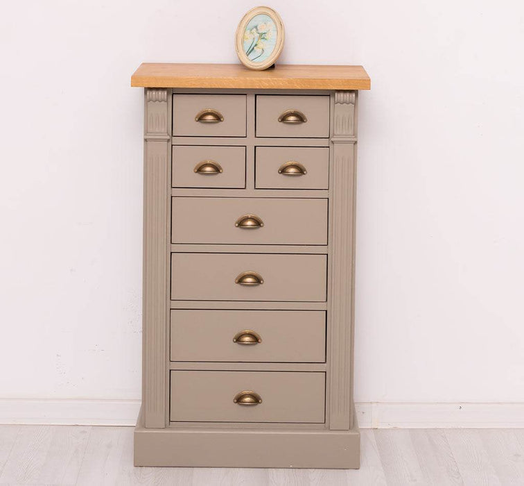 Schmale Apothekerkommode im Landhausstil mit 8 Schubladen - Eiche - Taupe