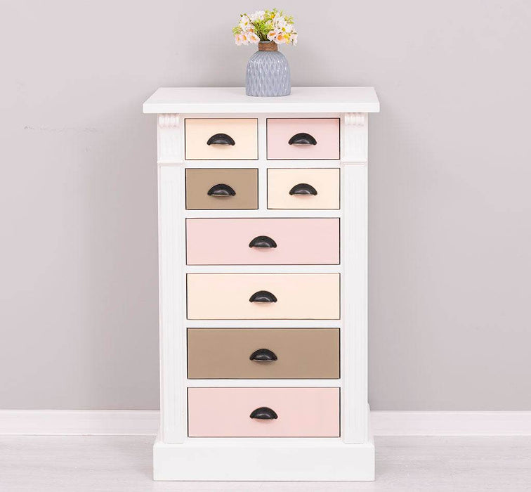 Schmale Apothekerkommode im Landhausstil mit 8 Schubladen - Creme - Rosa