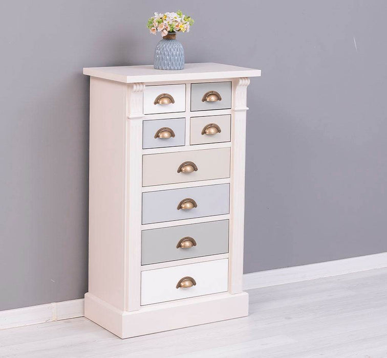 Schmale Apothekerkommode im Landhausstil mit 8 Schubladen - Creme - Multi